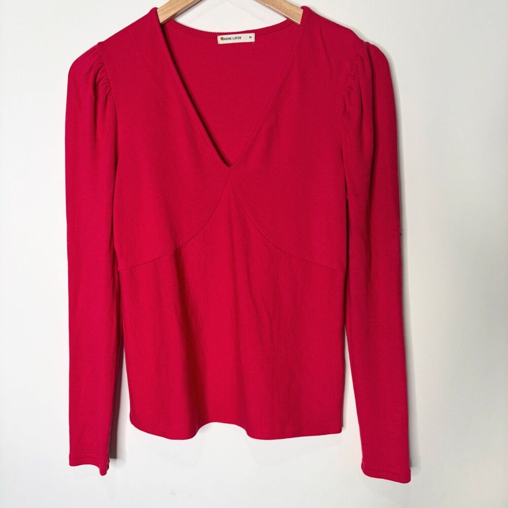 Marine Layer Ribbed V-Neck Puff Long Sleeve Fitted Top Red Holiday Women M